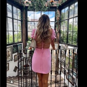 New Zara Pink Puff Sleeve Backless Lace Up Cottagecore Mini Dress